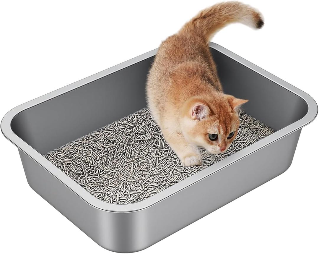 Stainless Steel Litter Box - Metal Small Cat Kitty Litter Box Pan, Indoor Low Entry Litterbox Tray, Odor-Free, Non-Stick, Easy Cleaning Pet Toilet Supplies for Kitten, Rabbit, Dog (15.7"L x 11.8"W x 3.9"H)