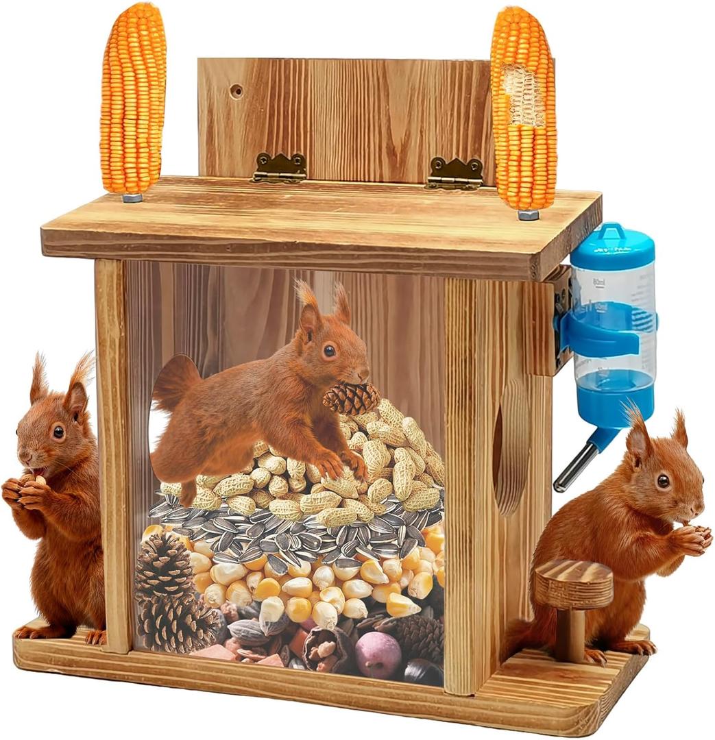 Large Squirrel Feeder with Attached Waterer - Extra Large Wooden Squirrel Feeding Station, Outdoor Platform with Corn Cob Holder & Water Bottle for Corn, Peanuts, Wildlife Garden Decor
