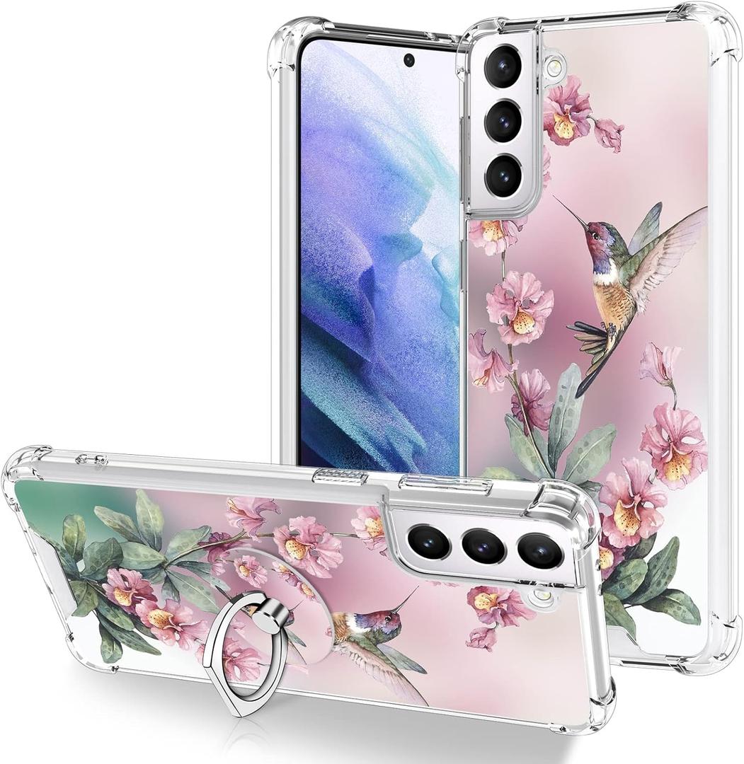 OOK Clear Case Compatible with Samsung Galaxy S21 Plus 5G, Pink Hummingbird Pattern Flexible TPU Shockproof Anti-Scratch Bumper Transparent Cover for Galaxy S21 Plus 5G with Ring Kickstand