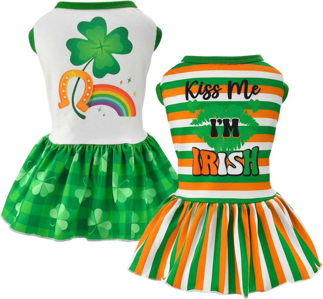 2-Pack Dog Dresses St. Patrick's Day Dog Dress with Lucky Shamrock Pattern Green Plaid Dog Skirt Stripe Puppy St. Patrick's Day Dress Clothes Outfit for Small Medium Dogs S