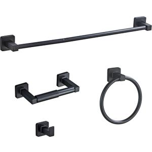 Matte Black Bathroom Hardware Set 4 Pieces,Bathroom Accessories Set Stainless Steel Wall Mounted, Hand Towel Bar, Towel Ring, Robe Towel Hooks,Toilet Paper Holder,Towel Bar Set, 23.6 Inch