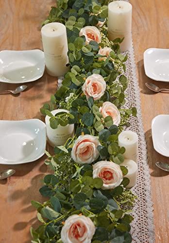 PARTY JOY 6.56ft Eucalyptus Garland with Flowers-8 Red Roses-Lush,Natural Looking, Floral Garland Greenery for Party Wedding Table Indoor Outdoor Backdrop Wall Decor（Red,1）