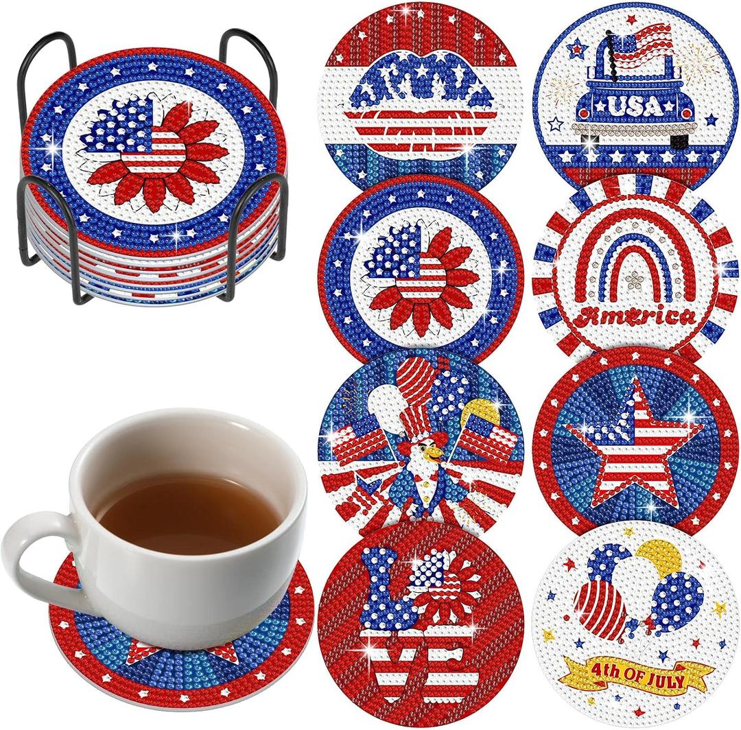8 x Shellwei 8 Pcs 4th of July Diamond Painting Coasters Patriotic USA Star Diamond Art Coaster with Holder Red White and Blue American Flag Painting Art Kits 250th Anniversary Decor for Adults DIY Craft