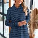 MASCOMODA Womens Sweaters Fall 2025 Oversized Striped Sweater Long Sleeve Polo V Neck Loose Side Slit Knitted Tunic Tops (Blue, XL)