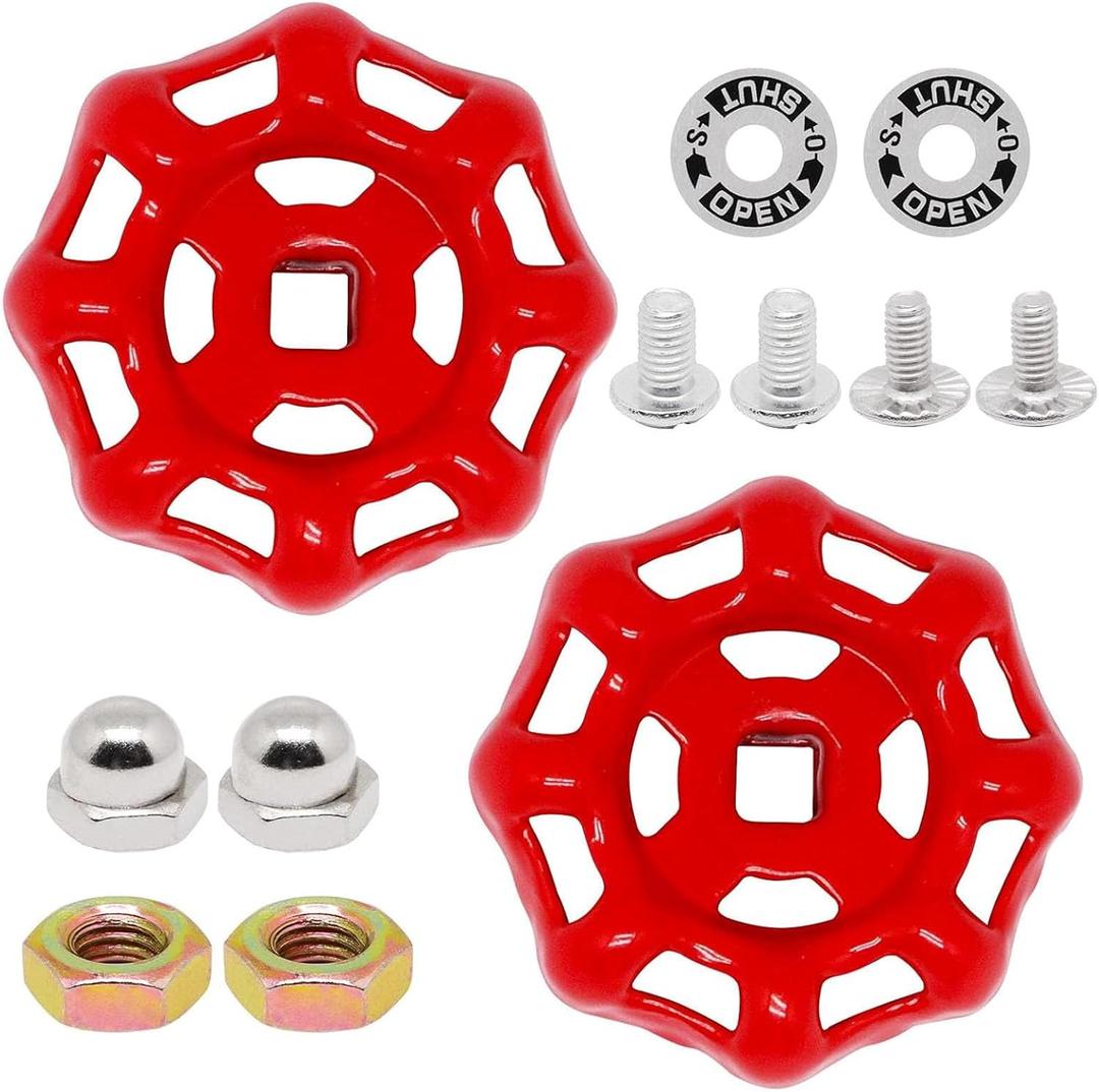 2 Pack Outdoor Faucet Handle, 6mm x 6mm (15/64" x 15/64") Square Stem Hole Faucet Handle Replacement, Cast Iron Round Wheel Water Spigot Handles Replacement with Screws Spacer (Red)