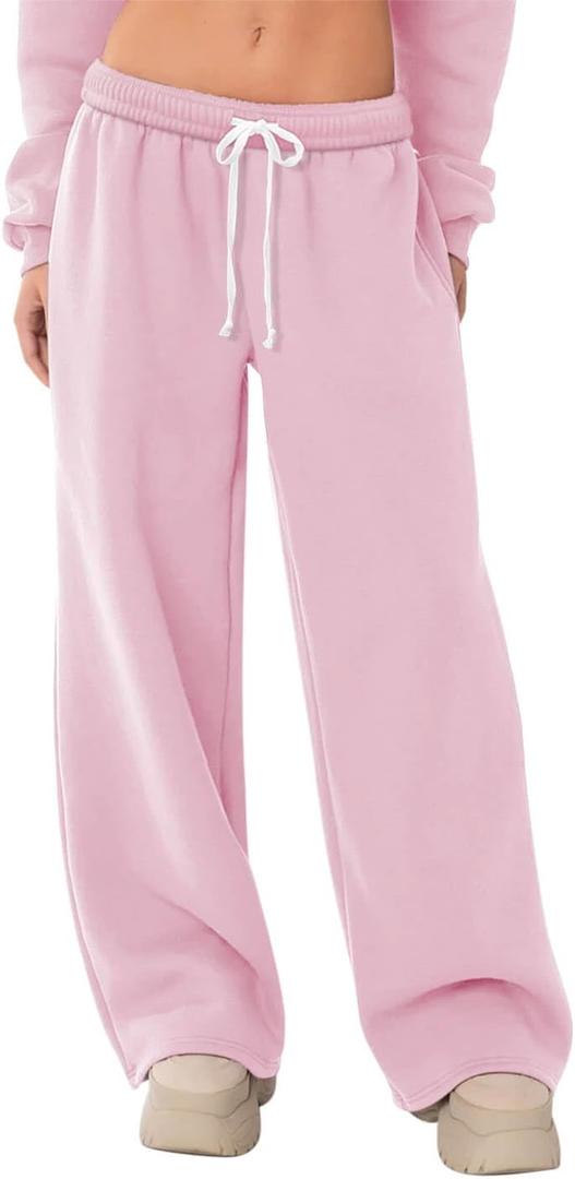 HeSaYep Women's Fleece Lined Sweatpants Wide Leg Thermal Winter Warm Baggy Sweat Pants with Pockets (Light Pink, Small)