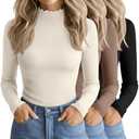 Oakgarden 3 Pack Women's Cotton Long Sleeve Mock Turtleneck Tops Ribbed Lettuce Trim Slim Fit Shirts Thermal Base Layer(Black, Khaki, Cream,Medium)