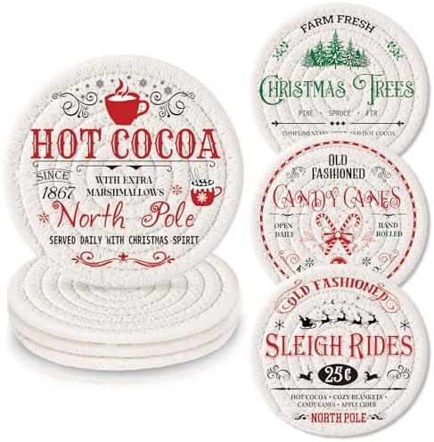 Tegeme 4 Pcs Coasters Handmade Braided Cotton Holiday Drink Mats Festive Plaid Snowflake Design Anti Slip Absorbent Cup Coasters for Home Office Party Table Decor