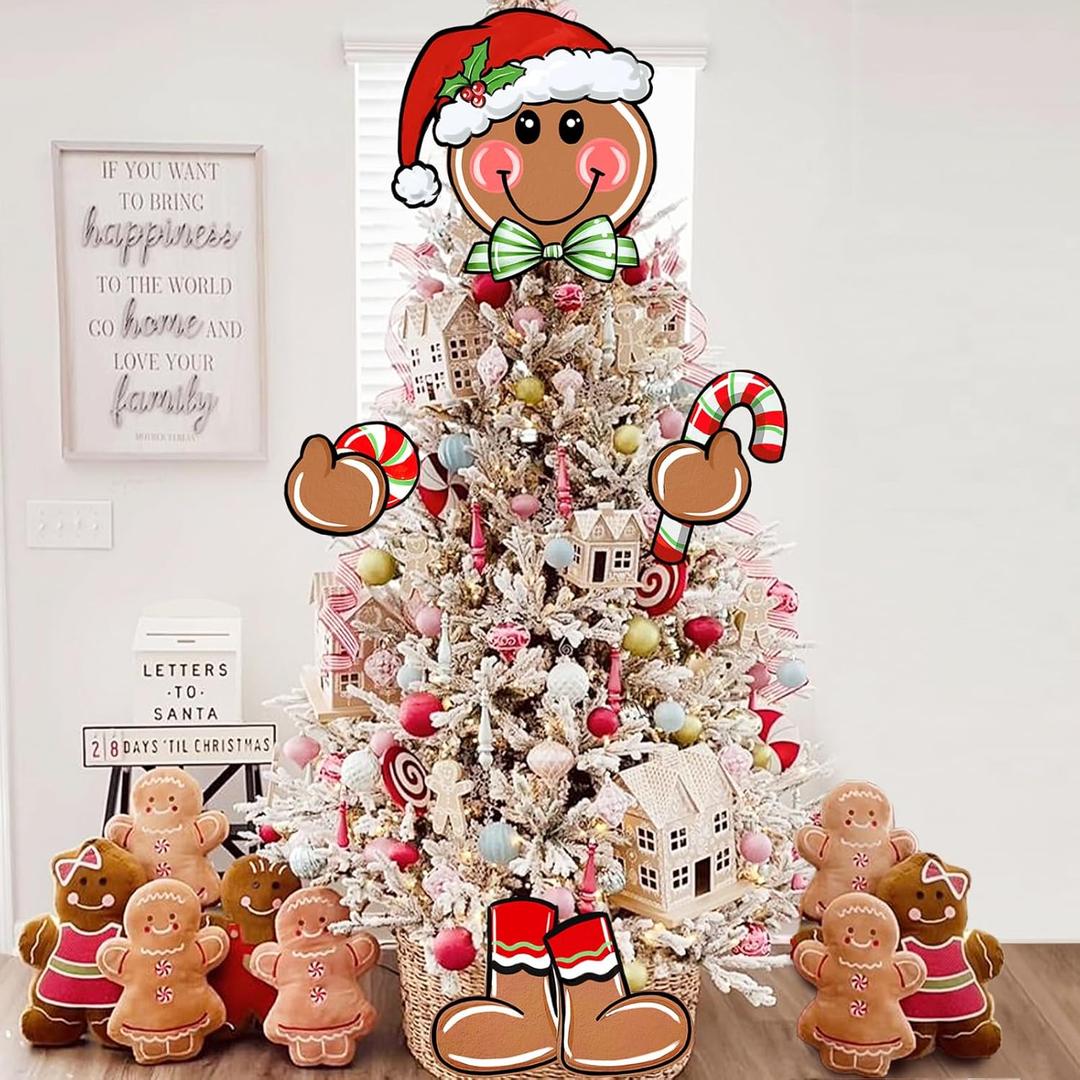 Gingerbread Man Christmas Tree Topper Head Arms and Legs, Xmas Peppermint Candy Santa Hat Decorative Tree Ornaments Decor, Holiday Indoor Home Decorations Party Supplies