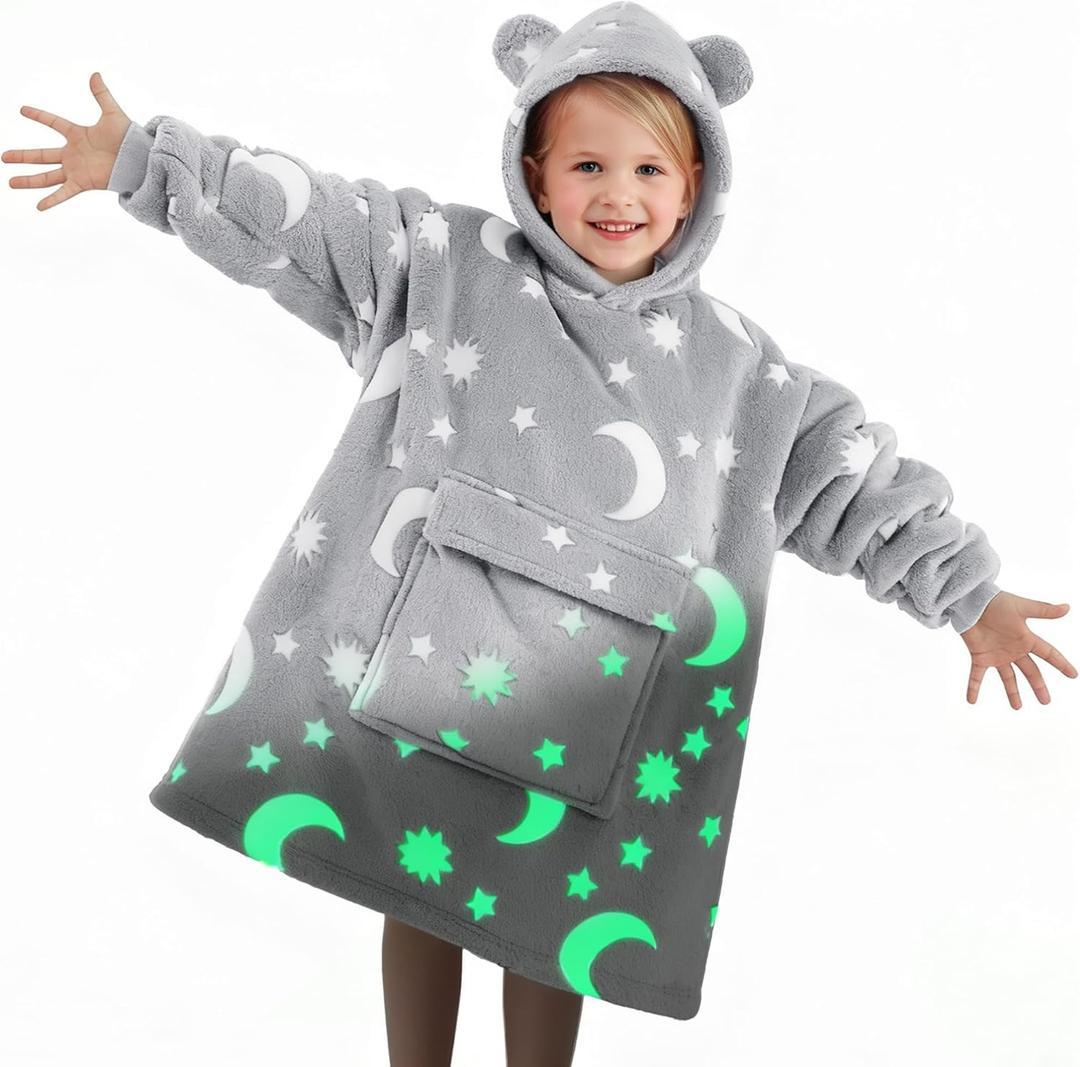 Yoofoss Kids Wearable Blanket Hoodie, Glow in the Dark Oversized Sherpa Fleece Blanket with Pocket, Cozy Sweatshirt Blanket for boys girl 7-13 Y, Grey