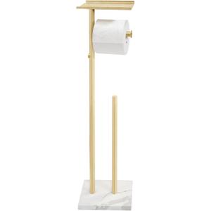 Brushed Gold Toilet Paper Stand Holder with Shelf, Marble Design Base Free Standing Toilet Paper Roll Holder with 2 Dispenser SUS 304 Stainless Steel Reserve, Storage 5 Rolls