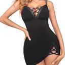 Avidlove Women Sexy Nightgown Lace Babydoll Chemises V-Neck Modal Sleepwear Full Slip Side Slit Sleep Dress XS-XXL (Black)