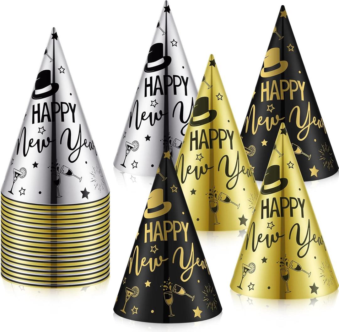 Hanaive 48 Pack Bulk New Year's Eve Party Hats New Years Party Supplies 2026 Black Gold Silver Cone Hats for Adults Photo Props Decorations, 3 Colors