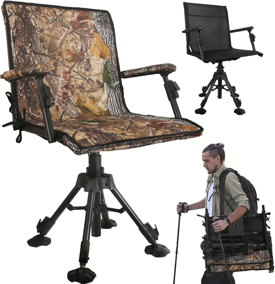 Hunting Chair with Removable Camouflage Cover, 360 Degree Silent Swivel Hunting Seat with Adjustable 4 Legs Height and Armrests, Tool-Free Foldable Ground Blind Chair, Portable Seat