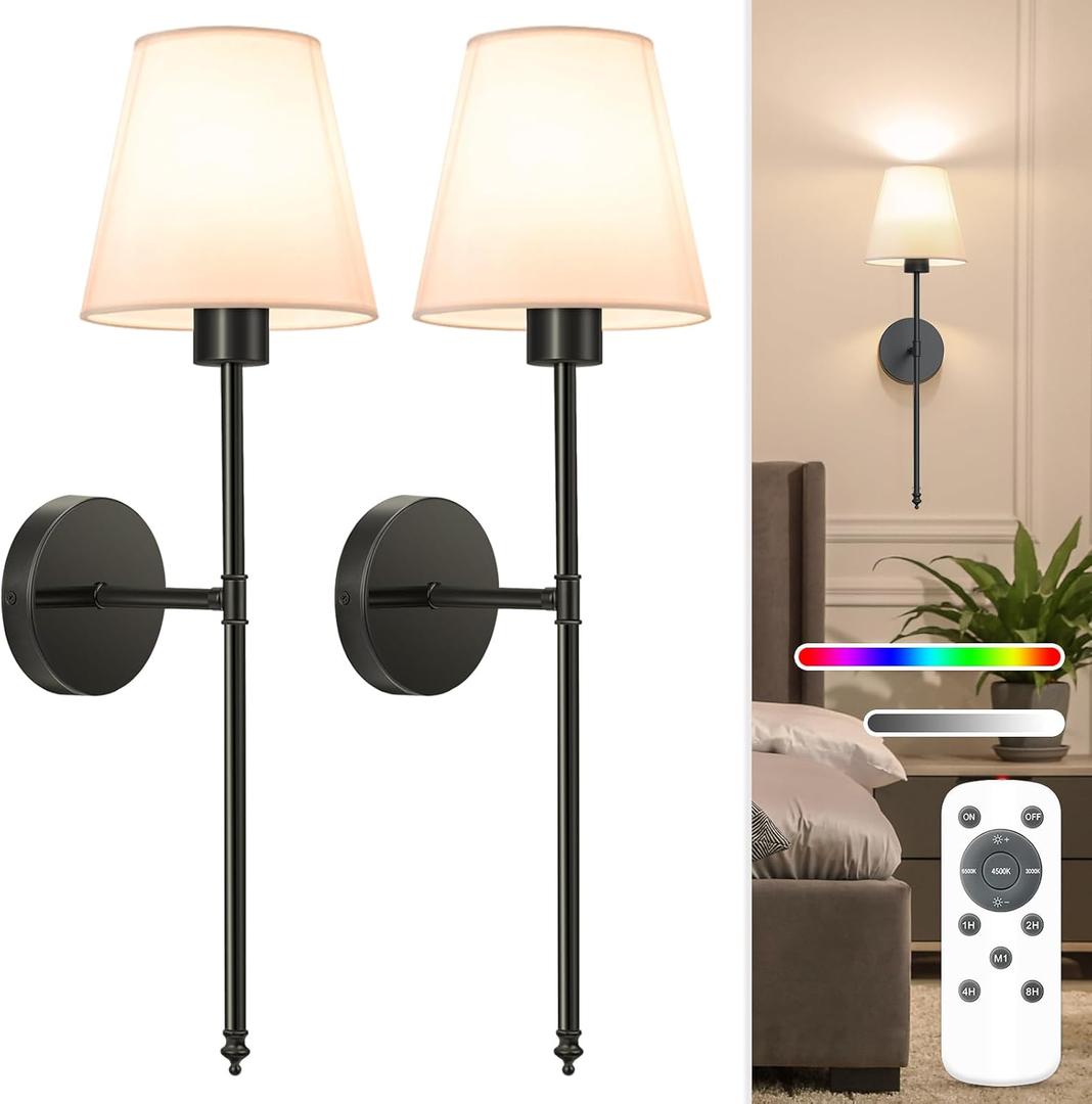 NIORSUN Battery Operated Wall Sconce Set of 2,Black Rechargeable Wall Lights with 5200mAh Dimmable Detachable Bulbs and Remote, 10 Colors Wireless Wall Lamps for Bedroom Living Room Hallway Decor
