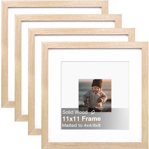 KINLINK 11x11 Picture Frame, Natural Square Solid Wood Frames for Pictures 4x4 and 8x8 with Mat or 11x11 without Mat, Wall and Tabletop Display Photo Frames Natural Wood 4 Pack