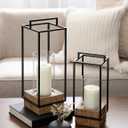 Kate and Laurel Brandt Farmhouse Two-Piece Candle Holder Set; 7 x 7 x 19; Hazelnut and Black; Transitional Wood and Metal Lantern Candle Holders for Fireplace Mantel Display