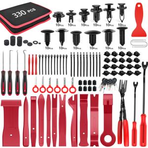 GOOACC 330Pcs Trim Removal Tool, Auto Push Pin Bumper Retainer Clip Set Fastener Terminal Remover Tool Adhesive Cable Clips Pry Kit Car Panel Radio Removal Auto Clip Pliers, Red