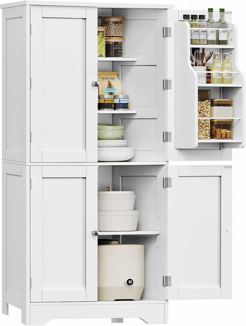 TEENFON 51" H Pantry Cabinet with 4 Doors, Kitchen Cabinet with 6 Door Shelves, Storage Cabinet for Living Room, Dining Room, Bathroom, White, 11.8"D x 23.6"W x 51.2"H
