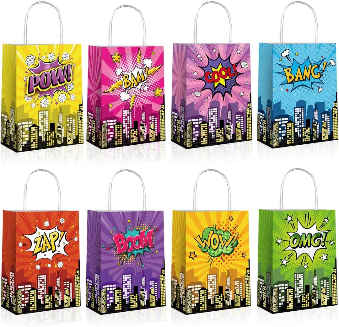 Lesnala 16Pcs Superhero party favors bags with handles 8 Styles Comic series goodie bags Kraft paper hero themed candy treat gift bags for Kids Birthday Party Baby Shower Decoration Supplies (multicolored)
