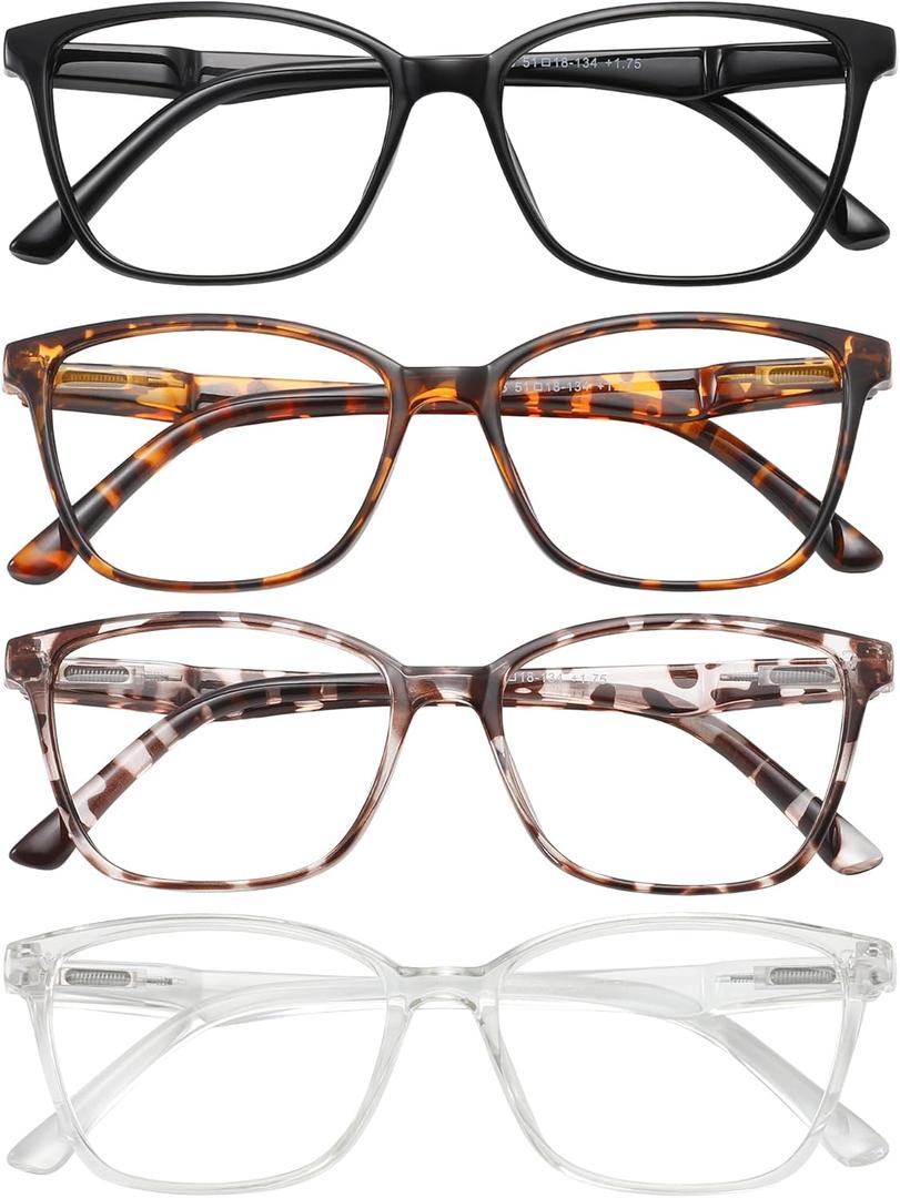 Przene 4 Pack Blue Light Blocking Reading Glasses, Readers for Women and Men with Spring Hinge (Black/Demi Brown/Leopard/Transparent)