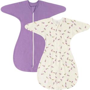 ZIGJOY Baby Transitional Swaddles for Newborns: 0.5 Tog Arms Up Sleep Sack 3-6-12 Months Soft Cotton Shark Fin 2 Way Zipper (2 Pack-purple&flower)