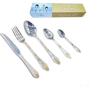 5pcs Dining Utensils Set with Etched Handle,18/10 Stainless Steel,Silver Flatware Adorned With Gold Motifs,Elegant Gold-AccentedPerfect Gift for Housewarming&Weddings, Dishwasher Safe