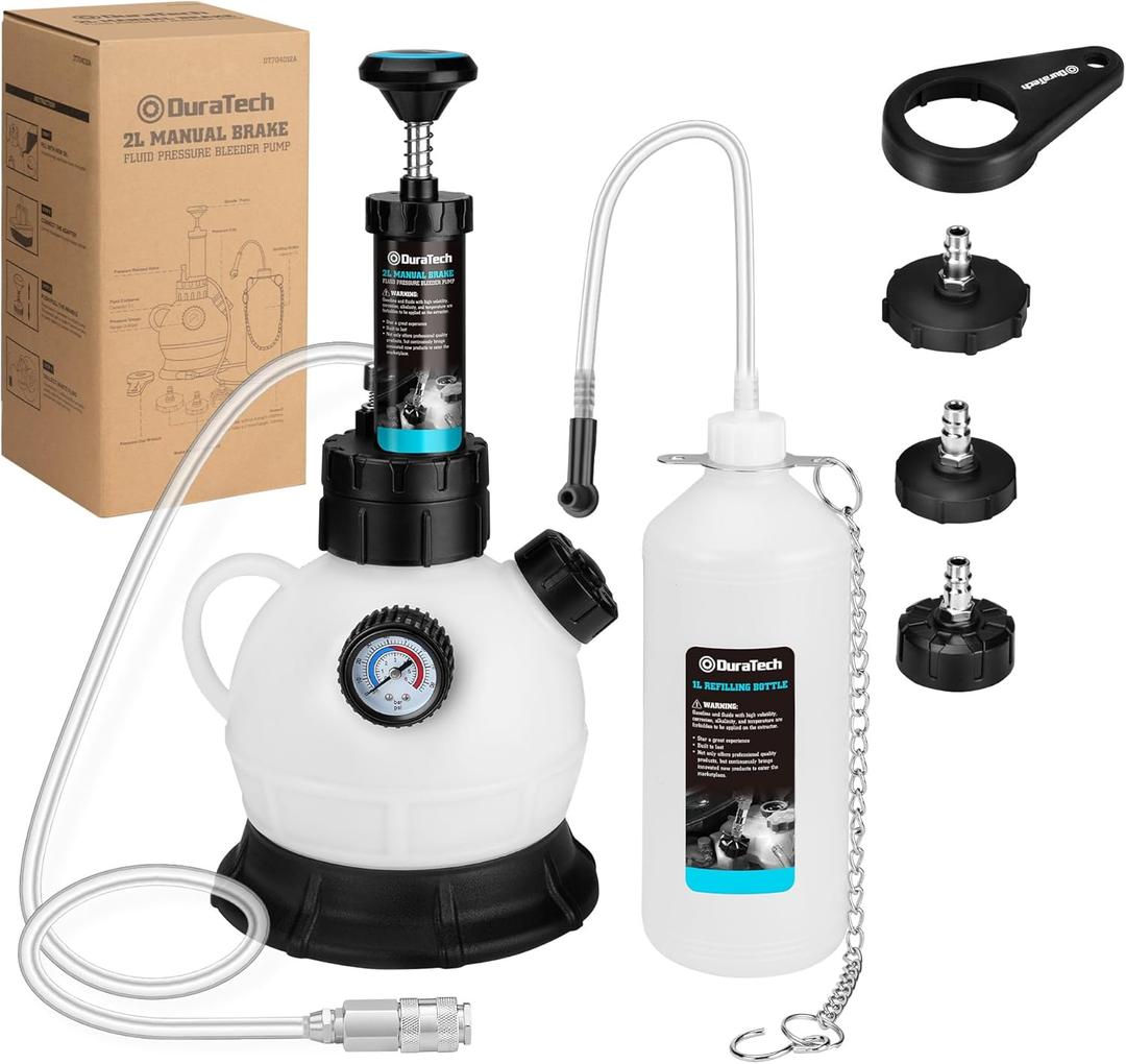 DURATECH 2L Manual Brake Bleeder Kit with 3 Master Cylinder Adapters, One Person Brake Fluid Pressure Bleeder with 1L Refilling Bottle, Large Capacity, Compatible with Most Vehicles