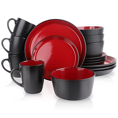 GOOD ALWAYS Plates and Bowls Sets, 16 Pieces Dinnerware Sets, Dishes Set for 4, Christmas, Kitchen Set is Home Essentials, Black & Red