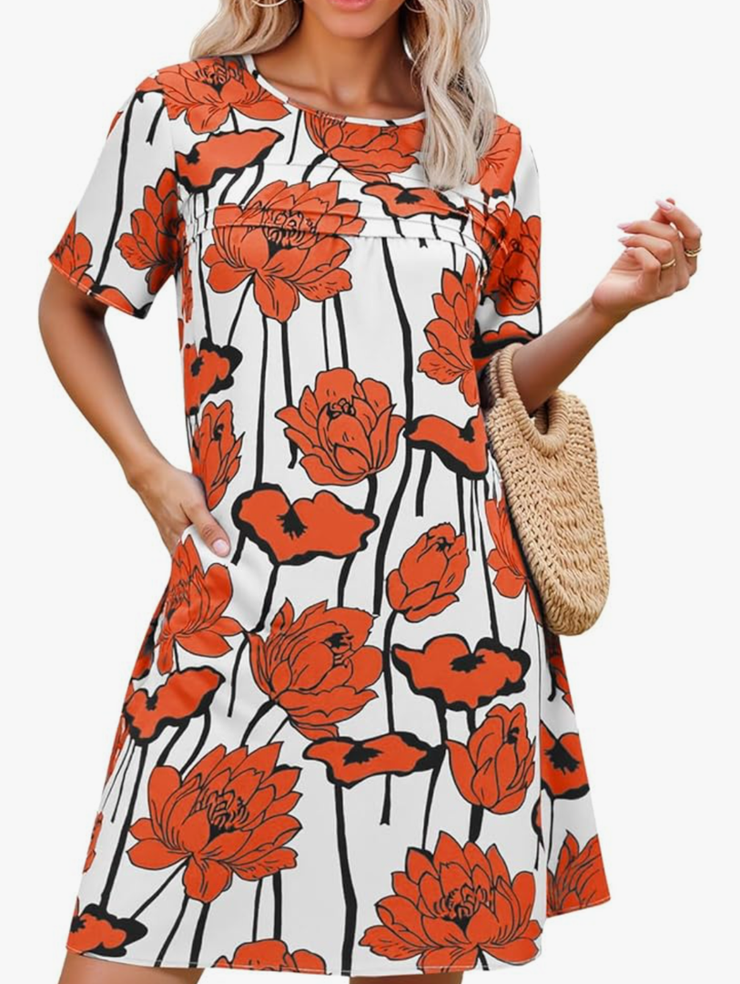 Womens Summer Casual Floral Mini Dress Short Sleeve Pleated Front Loose Beach Tunic Dresses with Pockets L