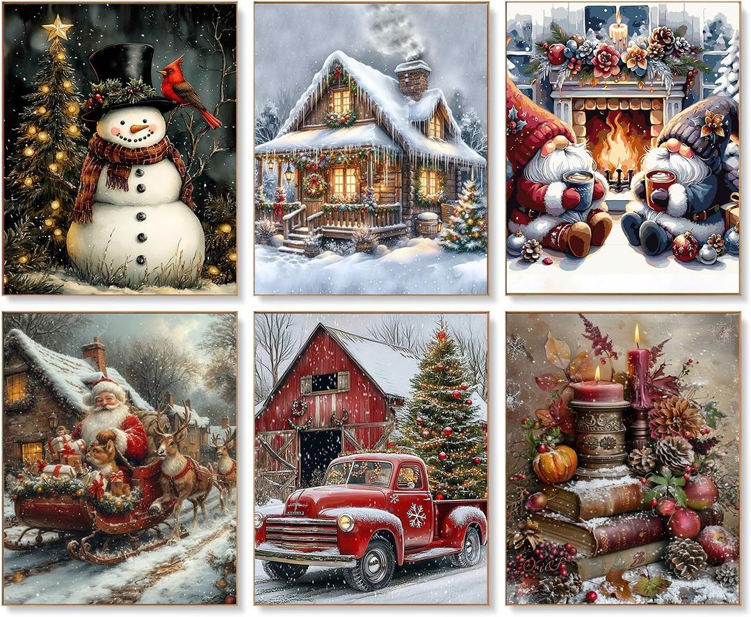 KYOQFVN 6 Pack Christmas Paint by Numbers Kit for Adults - Vintage Adult Paint by Number Kits on Canvas, Winter DIY Acrylic Oil Number Painting Kits for Adults, 12 x 16 inches for Home Decor