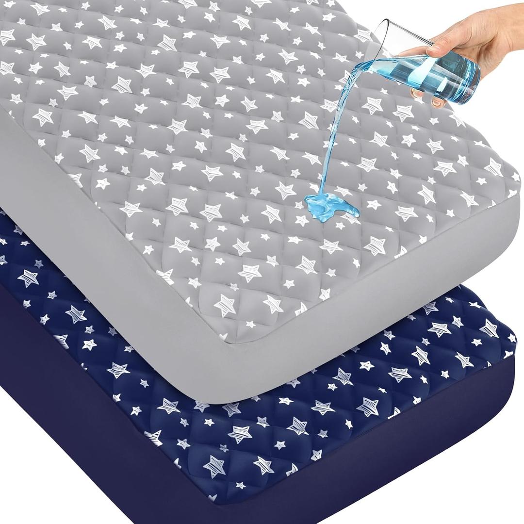 Crib Mattress Protector Waterproof 2 Pack, Quilted Crib Mattress Pad Cover 52" x 28" Extra Soft Breathable Toddler Bed Cover Stretch Up to 8", Grey & Navy Star