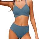 Doumlop Girls Swimsuits Size 10-12 Girls Bathing Suits Size 10-12 Two Piece Bathing Suits for Girls Solid Color V-Neck Adjustable Shoulder Straps Girls' Swimwear Blue