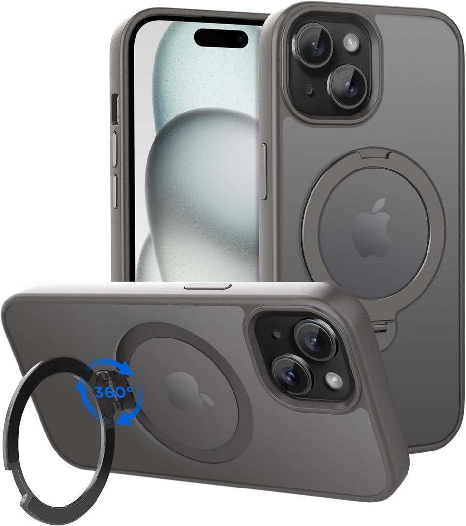 CACOE Magnetic Case for iPhone 15 6.1 inch with 360 Rotatable Ring Stand, Compatible with MagSafe Car Phone Mount, iPhone 15 Cases Cover Phone Holder for Desk Meeting/Videos (Light Gray)