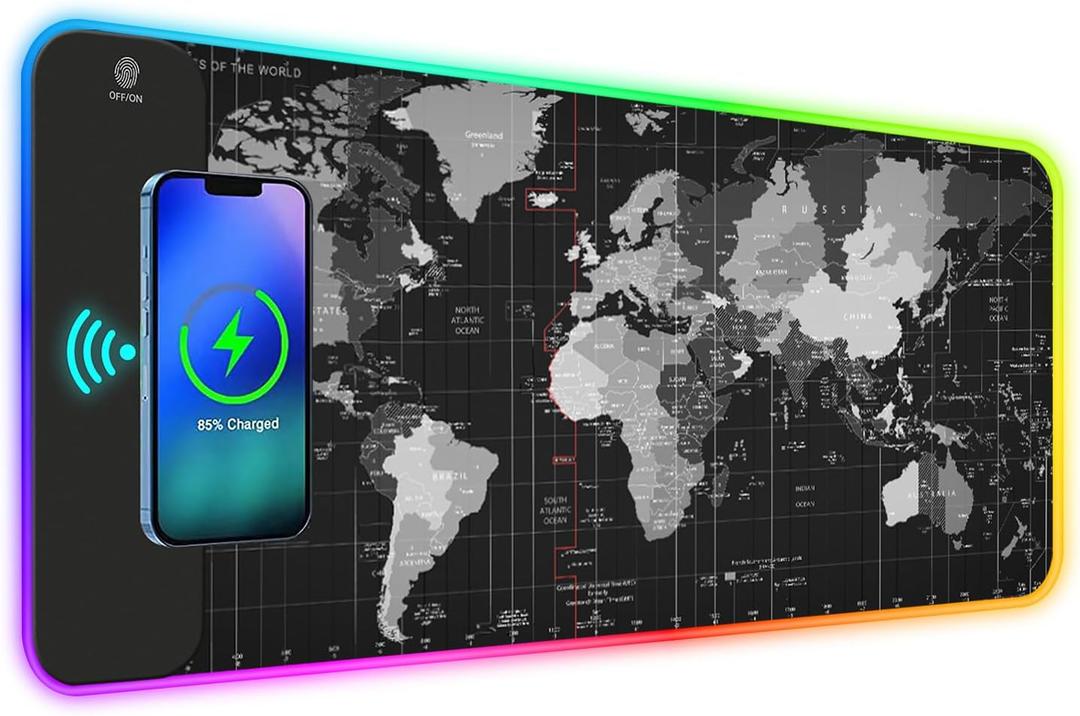 ToLuLu RGB Gaming Wireless Charging Mouse Pad, 5/7.5/10/15W 10 Light Modes LED Mouse Pad Computer Keyboard Mat Mousepad, 800x300x4MM Extended Large Desk Mat for Gaming, MacBook, Laptop, PC,World Map