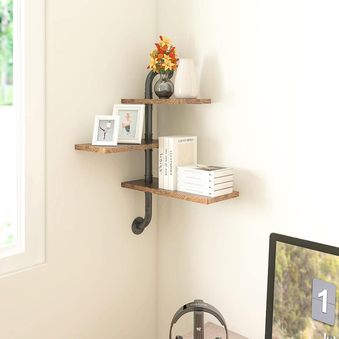 3 Tier Industrial Pipe Shelving Rustic Wood Floating Shelf, Adjustable Corner Wall Mounted Storage Shelves for Farmhouse Kitchen Office Bathroom and Home Decor Shelf