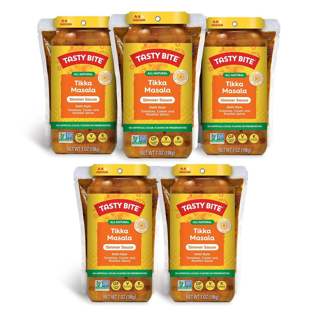 Tasty Bite Delhi Style Tikka Masala Simmer Sauce, 7-Ounce 5-Pack, 3-4 Servings Per Pouch, Vegetarian, Kosher, Non GMO