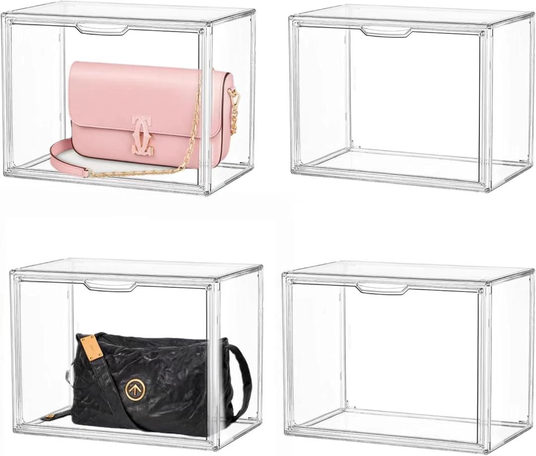 Clear Stackable Plastic Storage Bins with Magnetic Attraction Lid, Acrylic Box Display Case Showcase for Cosmetic, Large Figures Collectibles (4 Pack, X-Large)