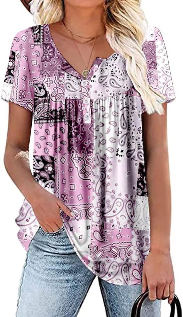 WRRH Womens Summer Short Sleeve Blouse Plus Size Ladies Shirts Floral Loose Flowy Tops for Leggings  (2X-Large, A 00-1pink19)