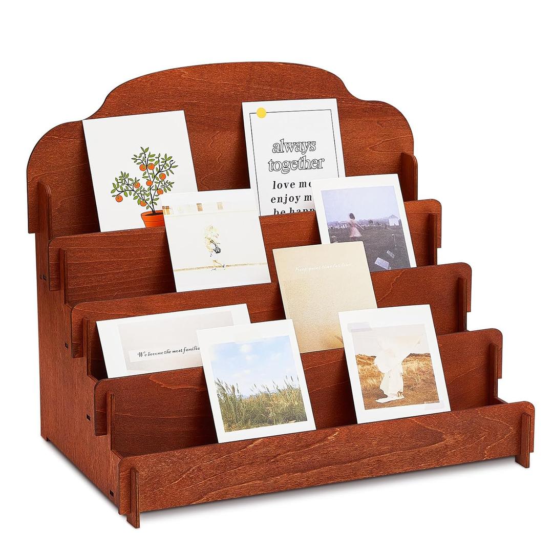 Barydat Large Greeting Card Display Stand Tiered Wooden Display Stand for Postcard Brochure Photos Jewelry Snacks Sticker Holder for Vendors, Counter Retail(15.8 x 10.4 x 14.2 Inch,Brown)
