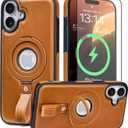 Magnetic Ring Grip Holder for iPhone 16 Case Leather | iPhone 16 Leather Case with Stand | Compatible with MagSafe (Brown, IP 16-6.1inch)