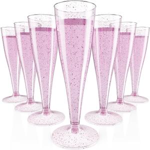 JOLLY CHEF 100 Pack Plastic Champagne Flutes Disposable 4.5 oz Purple Glitter Plastic Champagne Glasses Suitable for Wedding, Thanksgiving Day, Christmas