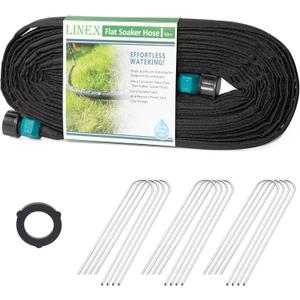 LINEX Flat Soaker Hose 50 ft with Stake for Garden Beds Drip Sprinkler Irrigation Hose Heavy Duty Saving 80% Water For Vegetable