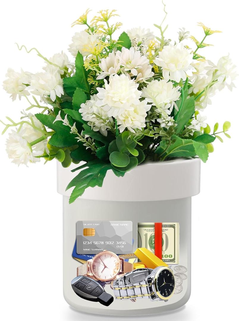 Flower Pot Diversion Safe with Key Lock, Secret Hidden Safe Lock Box, Perfect for Hiding The Valuables Inside Flower Pots False Bottom, Plants Not Include (White)