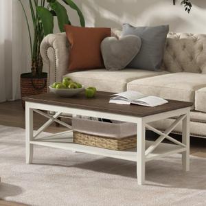 ChooChoo Farmhouse Coffee Table, Wooden Coffee Tables with Thicker Legs, White Coffee Table with Storage for Living Room (40 Inches, Soft White & Brown)