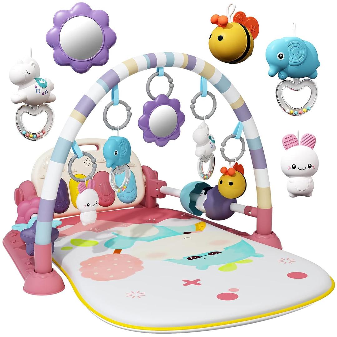 Baby Gym with Musical Piano,Baby Play Mat Tummy Time Baby Activity Gym Mat with 5 Infant Learning Sensory for Baby, Music and Lights Boy or Girl for NewbornPink