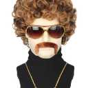 Topcosplay 5Pcs Set 70s 80s Disco Wig for Men or Women Afro Wig with Glasses Necklace Moustache Short Curly Hippies Wigs Blonde Brown