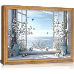Framed Coastal Flower Bathroom Canvas Wall Art Farmhouse Rustic Cotton Bouquet and Butterfly Painting Picture Wall Decor Blue Beach Poster Print Artwork for Living Room Bedroom Restroom, 24"L x 16"W