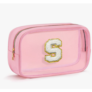 Clear Makeup Bag - Travel Toiletry Bag for Women, Small Cosmetic Bag Portable Waterproof Makeup Kit | Birthday Gifts for Women Travel Essentials (Pink Letter S)
