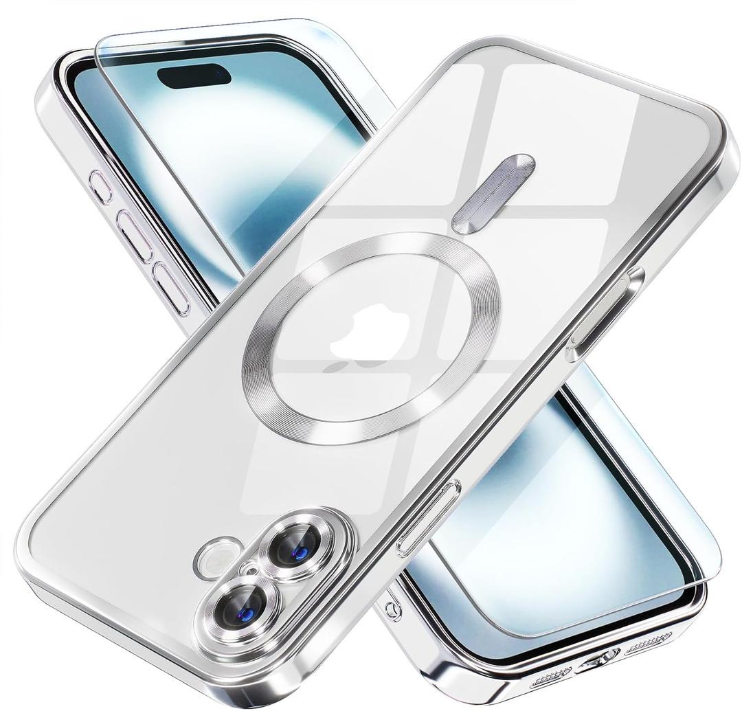 Misea Magnetic for iPhone 16 Case with MagSafe [Never Yellowing] [Military Grade Drop Protection] Full Camera Lens Protector Plating Soft Clear Phone Case for Women Girls 6.1 inch, Silver